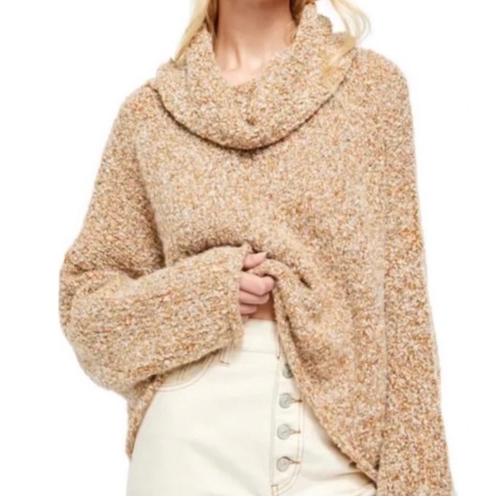 Free People BFF Cowl Neck Oversized Sweater Light Brown Boucle Knit Size Large